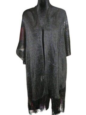 Metallic black sheer High Low Tunic Swim Cover Up Fringed Kimono Shawl OS
